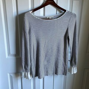 LOFT Black striped pullover with whimsical wrist detail.